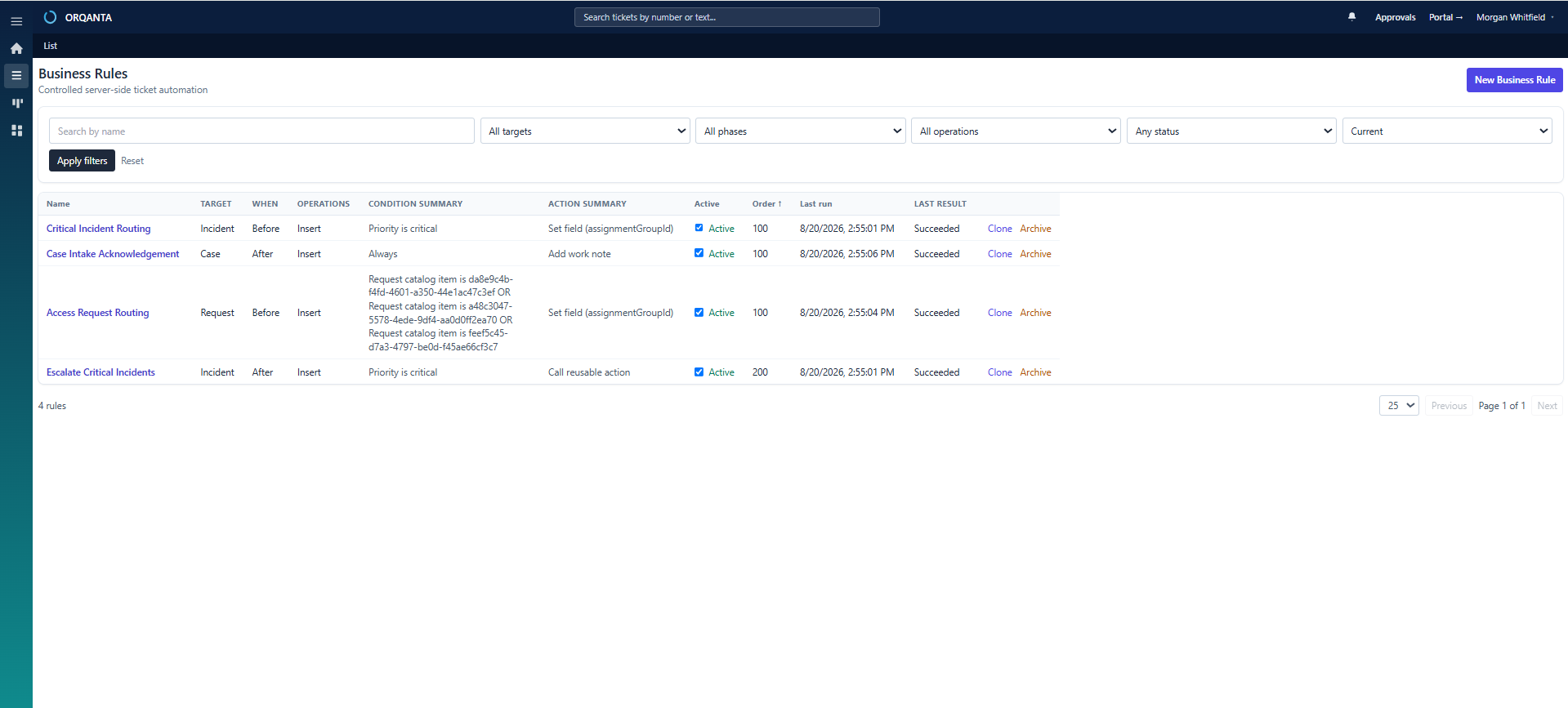 ORQANTA Business Rules administration showing controlled server-side automation