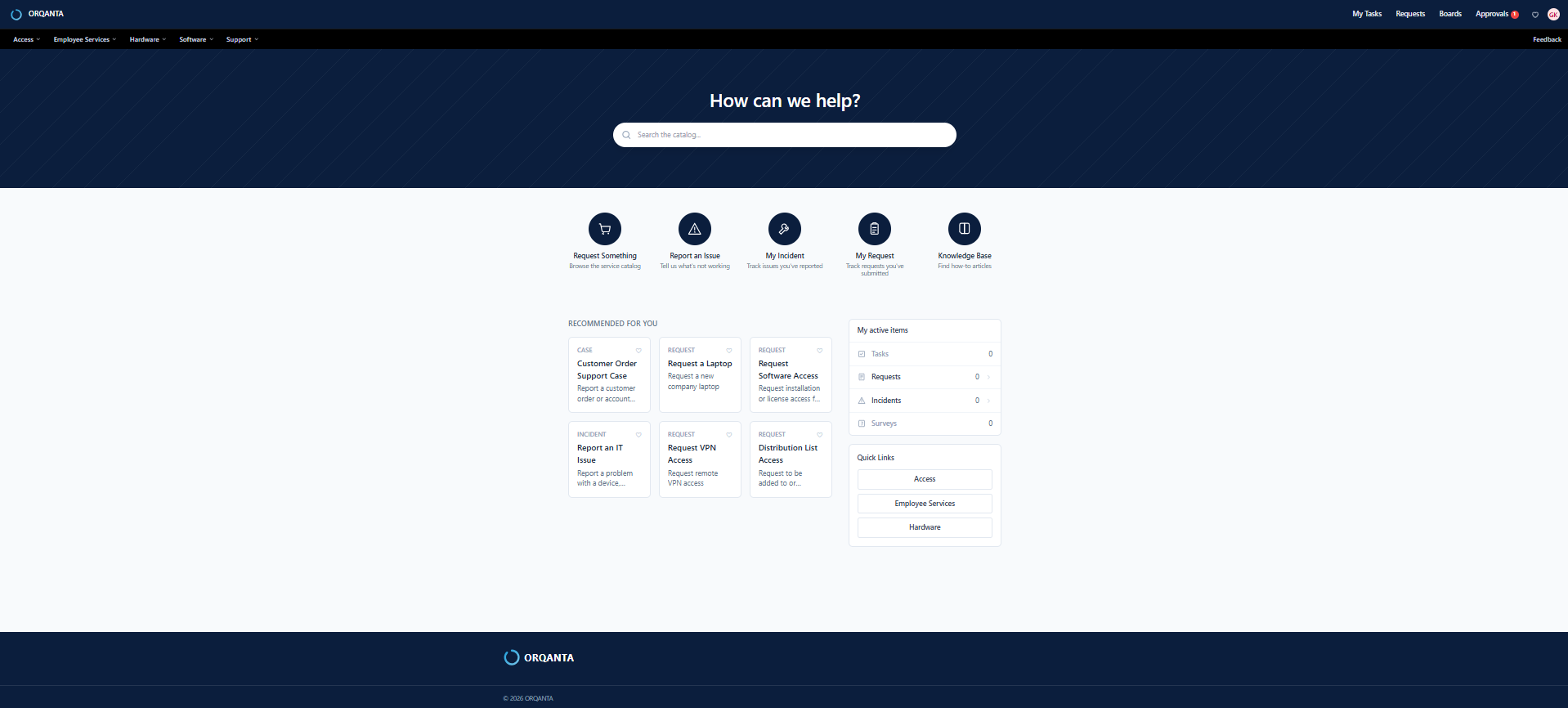 ORQANTA employee self-service portal with service search and recommended actions