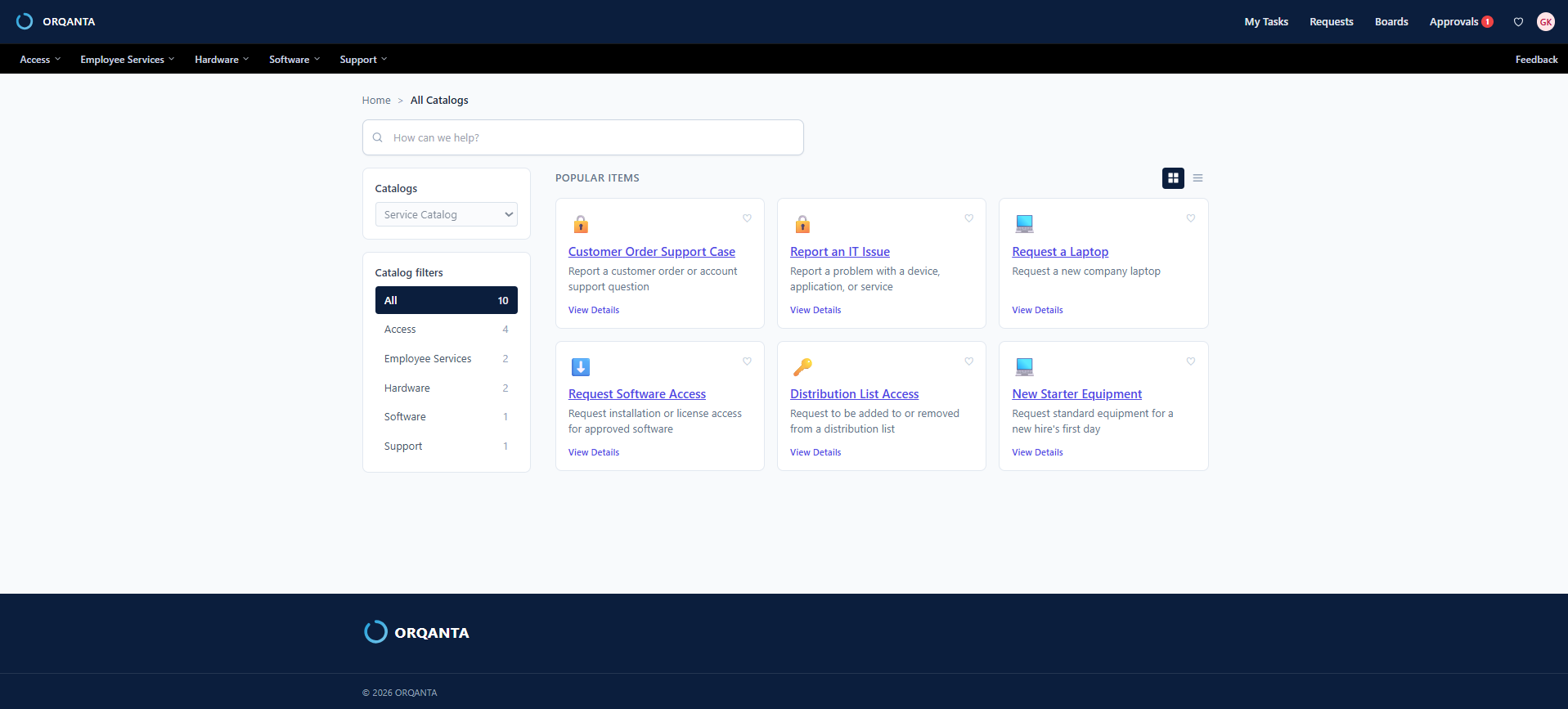 ORQANTA service catalog with searchable structured service items