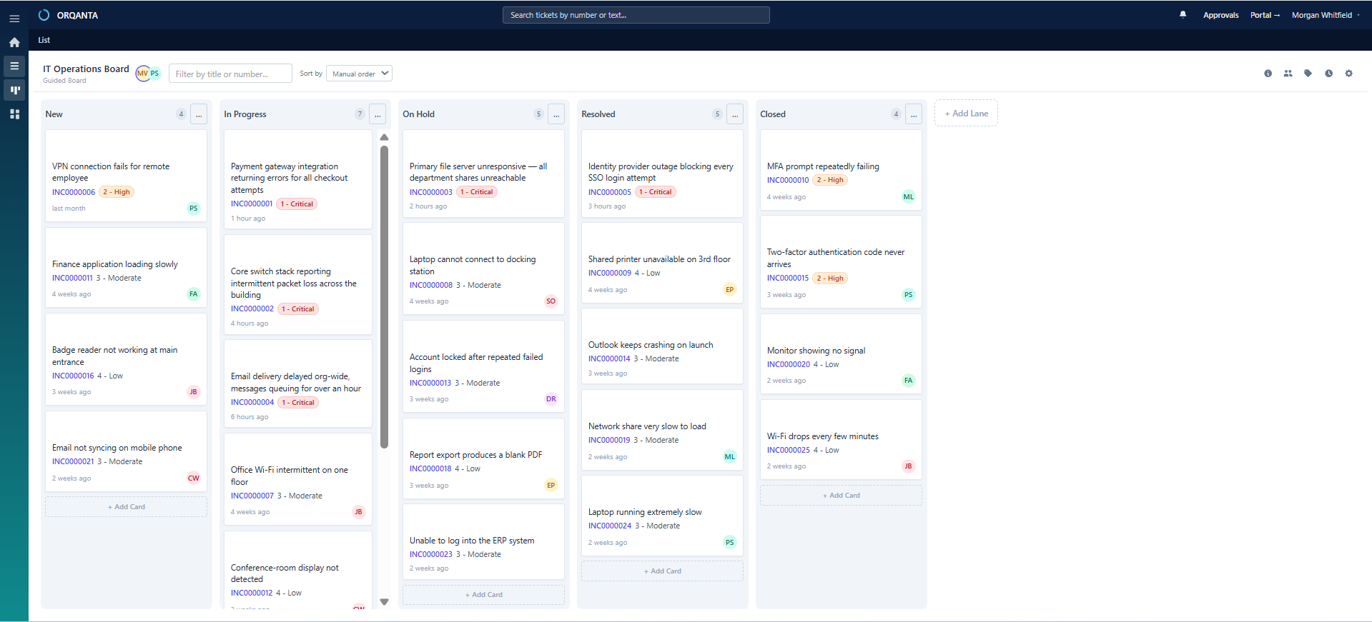 ORQANTA Visual Task Board showing work organized across New, In Progress, On Hold, Resolved and Closed lanes